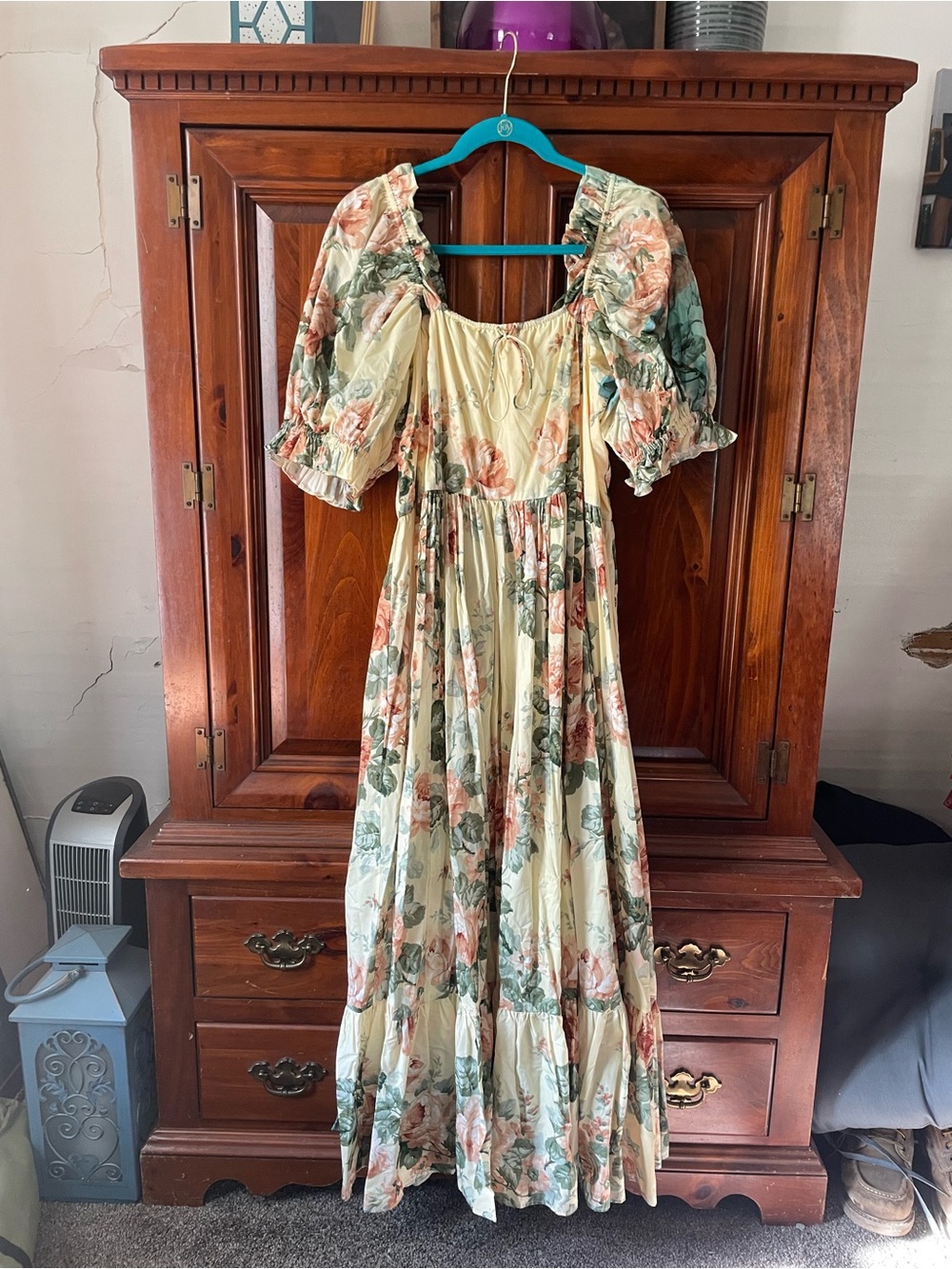 Selkie Cream Floral Puff-Sleeve Maxi Dress with Sage and Rose Accents